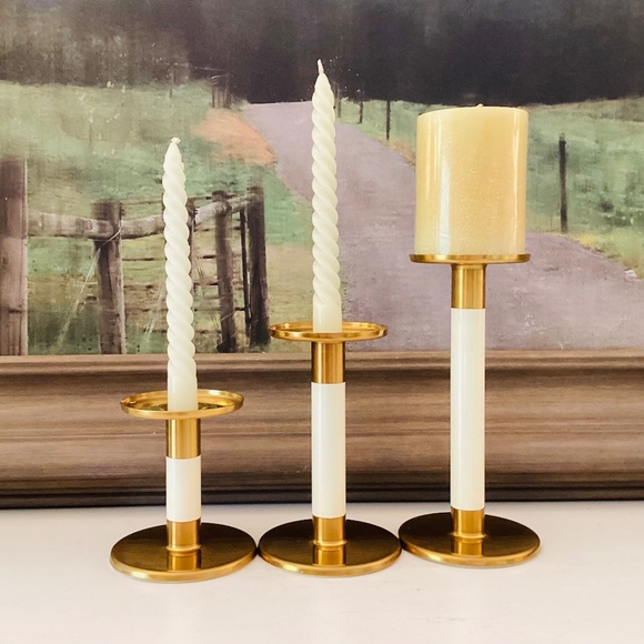 set of 3 IKEA Glittrig candlesticks gold and ivory Discontinued Tapered Pillar - Picture 12 of 13